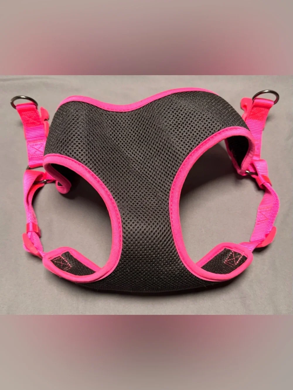 Mesh Dog Harness, Yellow Travel Bowl, Retractable leash and pink sweater